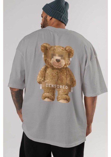 Teddy Bear Censored Arka Baskılı Gri Oversize T-Shirt Unisex Erkek Kadın Bisiklet Yaka indirimleri
