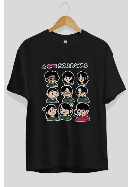 Squid Game (3) Ön Baskılı Siyah Oversize T-Shirt Bisiklet Yaka Erkek Kadın fiyatları