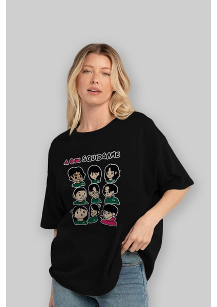 Squid Game (3) Ön Baskılı Siyah Oversize T-Shirt Bisiklet Yaka Erkek Kadın fırsatları