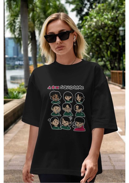 Squid Game (3) Ön Baskılı Siyah Oversize T-Shirt Bisiklet Yaka Erkek Kadın indirimleri