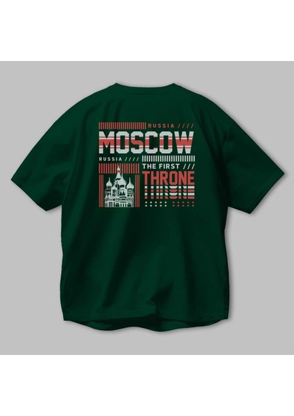 Moscow Arka Baskılı Zümrüt Yeşili Oversize T-Shirt Unisex Erkek Kadın Bisiklet Yaka modelleri