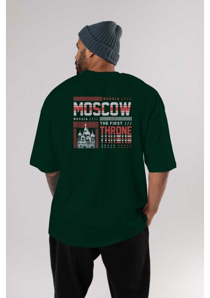 Moscow Arka Baskılı Zümrüt Yeşili Oversize T-Shirt Unisex Erkek Kadın Bisiklet Yaka indirimleri