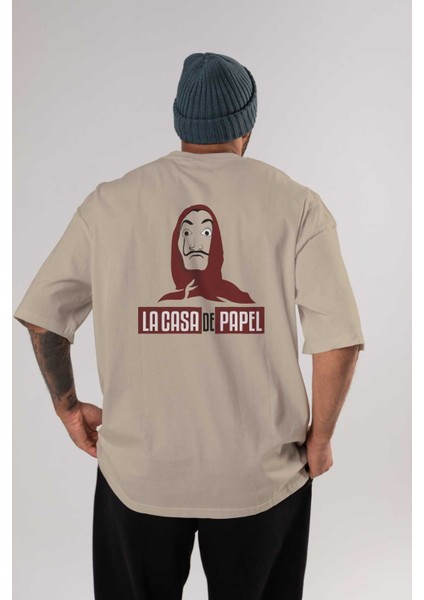 La Casa De Papel (1) Arka Baskılı Bej Oversize T-Shirt Bisiklet Yaka Pamuk Erkek Kadın