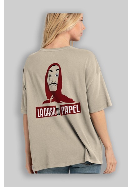 La Casa De Papel (1) Arka Baskılı Bej Oversize T-Shirt Bisiklet Yaka Pamuk Erkek Kadın modelleri