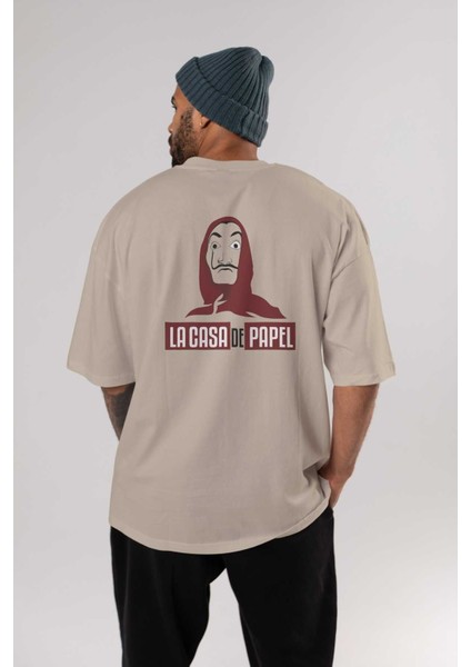 La Casa De Papel (1) Arka Baskılı Bej Oversize T-Shirt Bisiklet Yaka Pamuk Erkek Kadın fırsatları