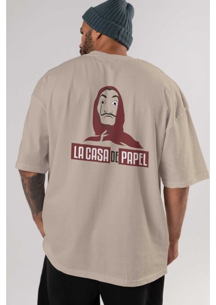 La Casa De Papel (1) Arka Baskılı Bej Oversize T-Shirt Bisiklet Yaka Pamuk Erkek Kadın indirimleri