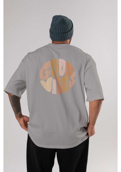 Good Vibes Yazılı 3 Arka Baskılı Gri Oversize T-Shirt Unisex Erkek Kadın Bisiklet Yaka