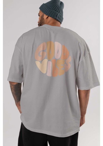 Good Vibes Yazılı 3 Arka Baskılı Gri Oversize T-Shirt Unisex Erkek Kadın Bisiklet Yaka indirimleri