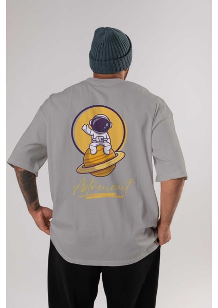 Astronout Yazılı Arka Baskılı Gri Oversize T-Shirt Unisex Erkek Kadın Bisiklet Yaka