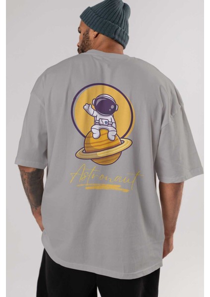 Astronout Yazılı Arka Baskılı Gri Oversize T-Shirt Unisex Erkek Kadın Bisiklet Yaka indirimleri