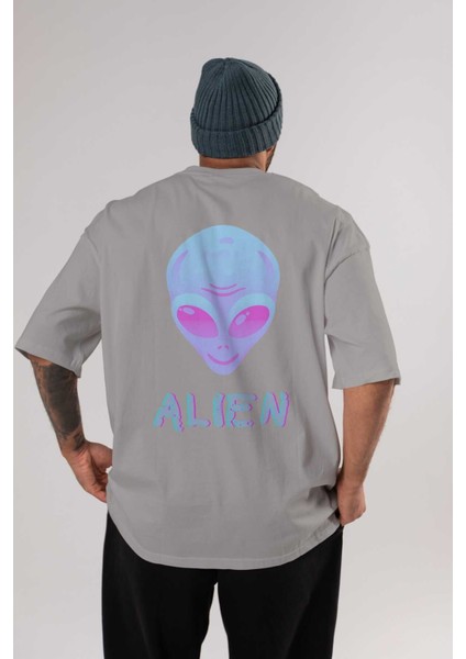 Alien Arka Baskılı Gri Oversize T-Shirt Unisex Erkek Kadın Bisiklet Yaka