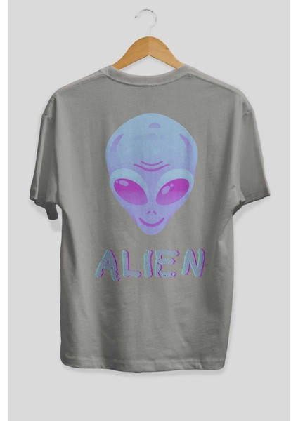Alien Arka Baskılı Gri Oversize T-Shirt Unisex Erkek Kadın Bisiklet Yaka fiyatları