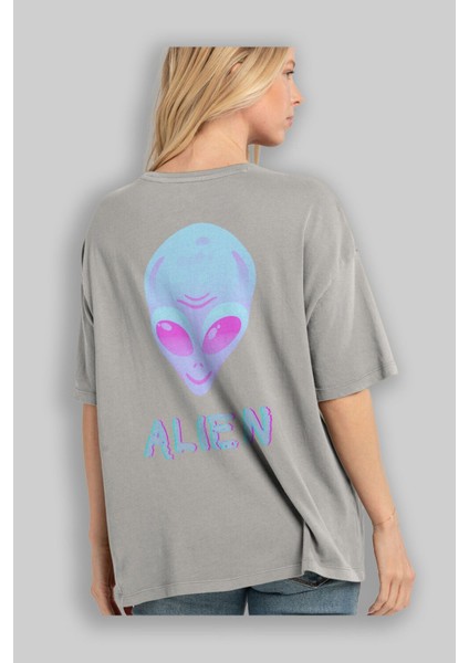 Alien Arka Baskılı Gri Oversize T-Shirt Unisex Erkek Kadın Bisiklet Yaka modelleri