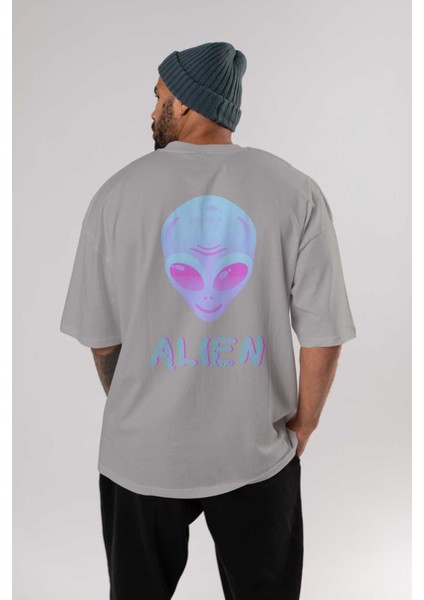 Alien Arka Baskılı Gri Oversize T-Shirt Unisex Erkek Kadın Bisiklet Yaka fırsatları