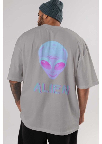 Alien Arka Baskılı Gri Oversize T-Shirt Unisex Erkek Kadın Bisiklet Yaka indirimleri