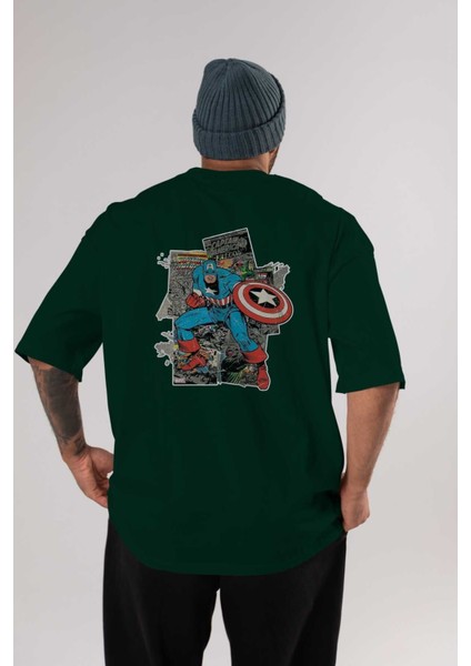 Captain America (2) Arka Baskılı Zümrüt Yeşili Oversize T-Shirt Bisiklet Yaka Erkek Kadın