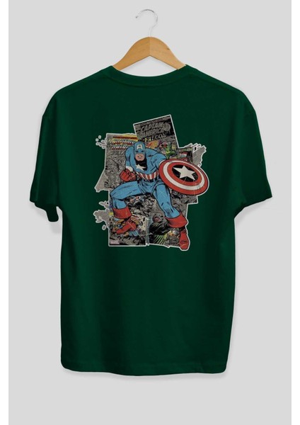 Captain America (2) Arka Baskılı Zümrüt Yeşili Oversize T-Shirt Bisiklet Yaka Erkek Kadın