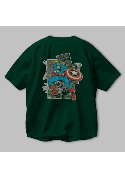 Captain America (2) Arka Baskılı Zümrüt Yeşili Oversize T-Shirt Bisiklet Yaka Erkek Kadın