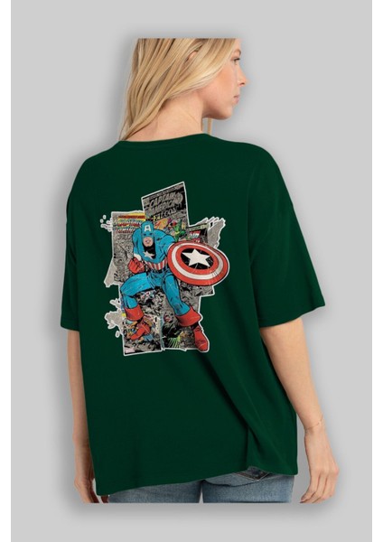 Captain America (2) Arka Baskılı Zümrüt Yeşili Oversize T-Shirt Bisiklet Yaka Erkek Kadın