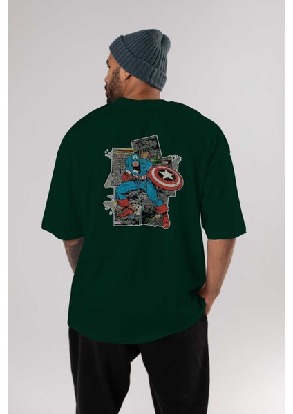 Captain America (2) Arka Baskılı Zümrüt Yeşili Oversize T-Shirt Bisiklet Yaka Erkek Kadın