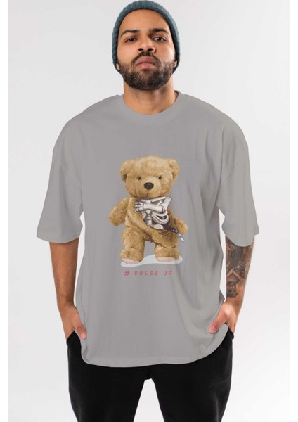 Teddy Bear Dress Up Ön Baskılı Gri Oversize T-Shirt Unisex Erkek Kadın Bisiklet Yaka