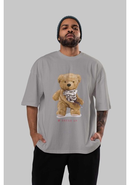 Teddy Bear Dress Up Ön Baskılı Gri Oversize T-Shirt Unisex Erkek Kadın Bisiklet Yaka indirimleri