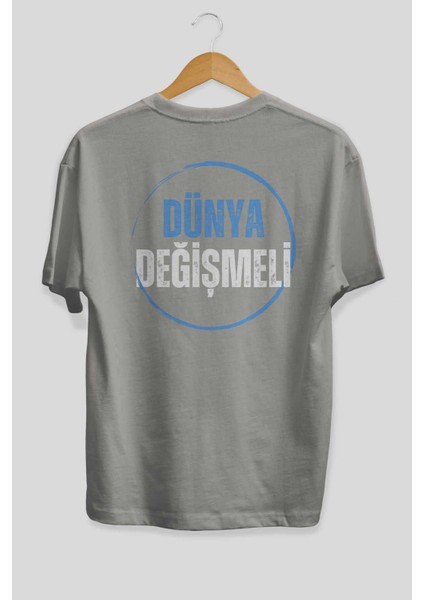 Dünya Değişmeli Yazılı Arka Baskılı Gri Oversize T-Shirt Unisex Erkek Kadın Bisiklet Yaka fiyatları