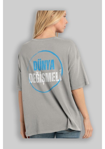 Dünya Değişmeli Yazılı Arka Baskılı Gri Oversize T-Shirt Unisex Erkek Kadın Bisiklet Yaka modelleri