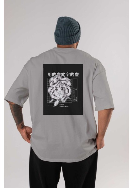 Hipster Japanese Style Arka Baskılı Gri Oversize T-Shirt Unisex Erkek Kadın Bisiklet Yaka