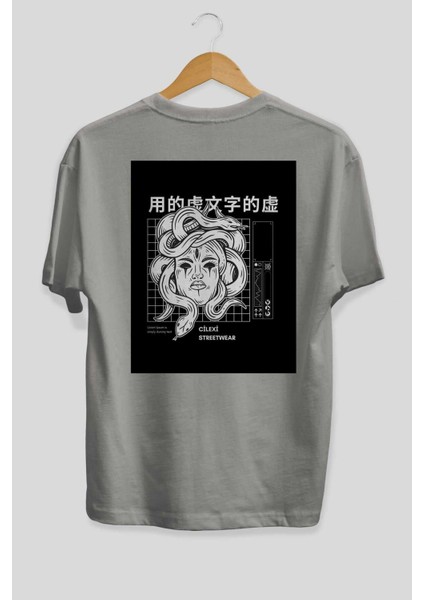 Hipster Japanese Style Arka Baskılı Gri Oversize T-Shirt Unisex Erkek Kadın Bisiklet Yaka fiyatları