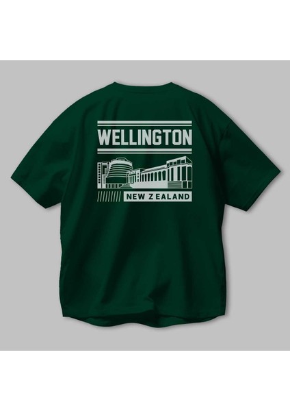 Wellington Arka Baskılı Zümrüt Yeşili Oversize T-Shirt Erkek Kadın Bisiklet Yaka modelleri