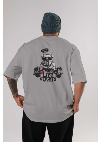 Teddy Bear Lift Weights Arka Baskılı Gri Oversize T-Shirt Unisex Erkek Kadın Bisiklet Yaka