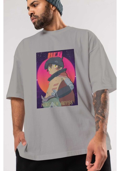 Reg 7 Anime Ön Baskılı Gri Oversize T-Shirt %100 Pamuk Erkek Kadın modelleri