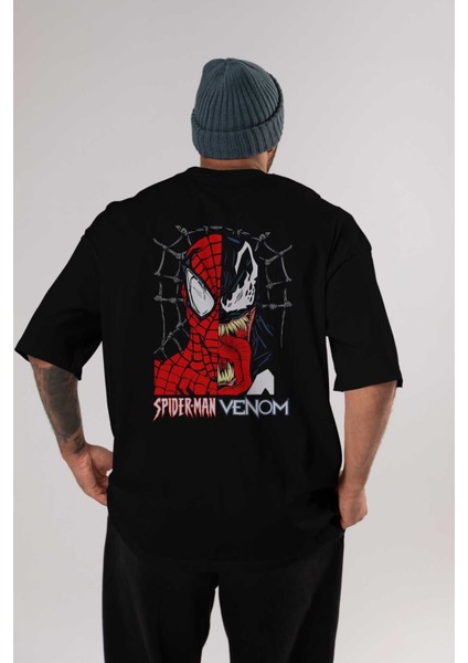 Spiderman Venom Arka Baskılı Siyah Oversize T-Shirt Bisiklet Yaka Pamuk Erkek Kadın