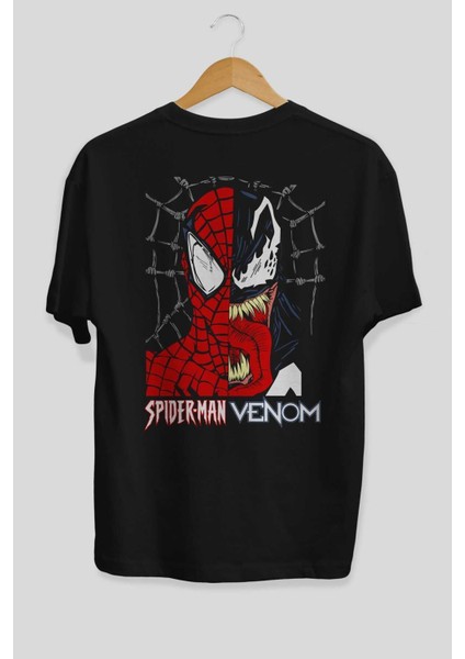 Spiderman Venom Arka Baskılı Siyah Oversize T-Shirt Bisiklet Yaka Pamuk Erkek Kadın fiyatları