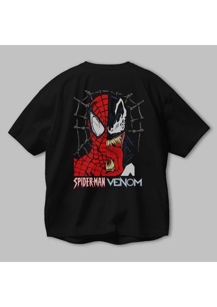 Spiderman Venom Arka Baskılı Siyah Oversize T-Shirt Bisiklet Yaka Pamuk Erkek Kadın modelleri