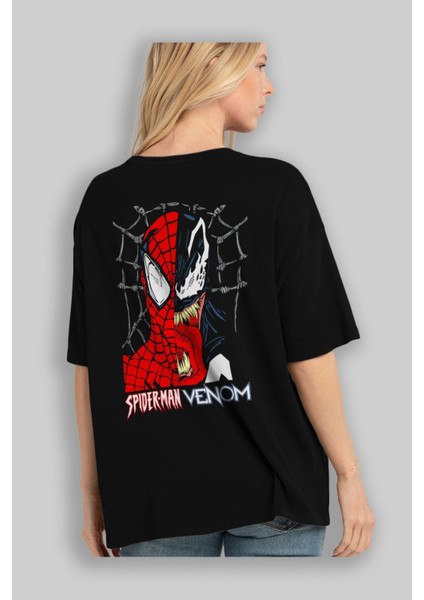 Spiderman Venom Arka Baskılı Siyah Oversize T-Shirt Bisiklet Yaka Pamuk Erkek Kadın fırsatları