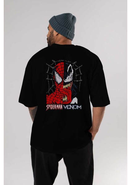 Spiderman Venom Arka Baskılı Siyah Oversize T-Shirt Bisiklet Yaka Pamuk Erkek Kadın indirimleri