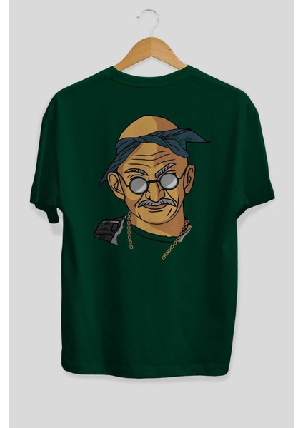 Tupac Gandhi Arka Baskılı Zümrüt Yeşili Oversize T-Shirt Erkek Kadın Bisiklet Yaka fiyatları