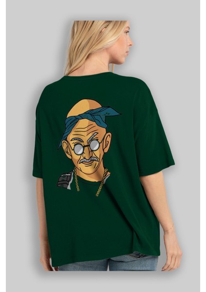 Tupac Gandhi Arka Baskılı Zümrüt Yeşili Oversize T-Shirt Erkek Kadın Bisiklet Yaka fırsatları