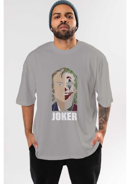 Joker (8) Ön Baskılı Gri Oversize T-Shirt Bisiklet Yaka Pamuk Erkek Kadın