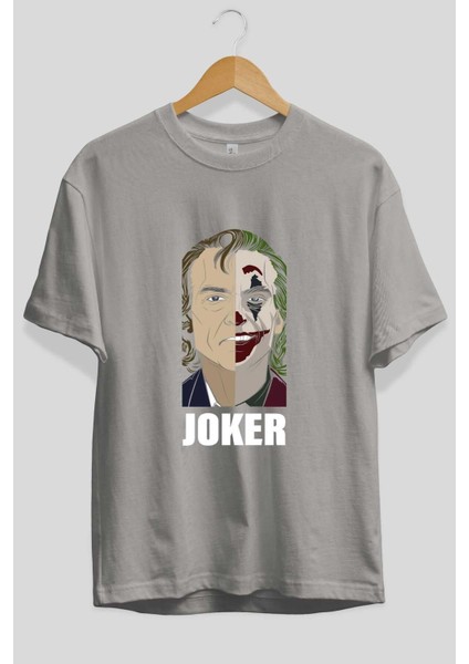 Joker (8) Ön Baskılı Gri Oversize T-Shirt Bisiklet Yaka Pamuk Erkek Kadın fiyatları