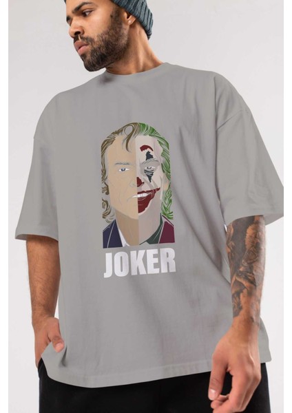 Joker (8) Ön Baskılı Gri Oversize T-Shirt Bisiklet Yaka Pamuk Erkek Kadın modelleri