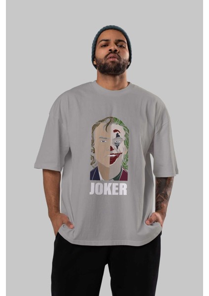 Joker (8) Ön Baskılı Gri Oversize T-Shirt Bisiklet Yaka Pamuk Erkek Kadın indirimleri
