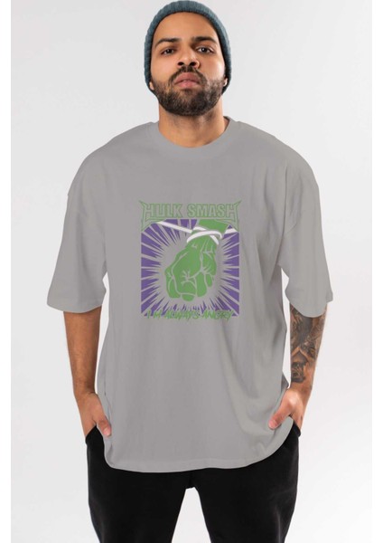 Hulk (12) Ön Baskılı Gri Oversize T-Shirt Bisiklet Yaka Pamuk Erkek Kadın