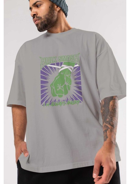 Hulk (12) Ön Baskılı Gri Oversize T-Shirt Bisiklet Yaka Pamuk Erkek Kadın modelleri