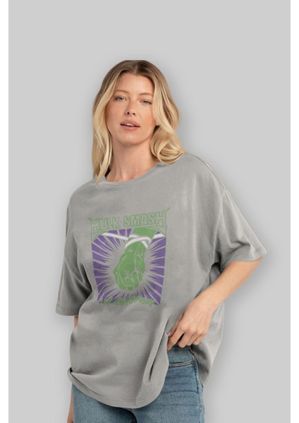 Hulk (12) Ön Baskılı Gri Oversize T-Shirt Bisiklet Yaka Pamuk Erkek Kadın fırsatları