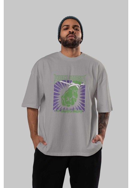 Hulk (12) Ön Baskılı Gri Oversize T-Shirt Bisiklet Yaka Pamuk Erkek Kadın indirimleri