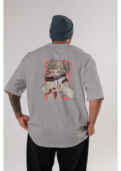 Himiko Toga Anime Arka Baskılı Gri Oversize T-Shirt %100 Pamuk Erkek Kadın