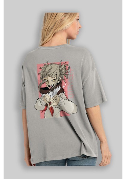 Himiko Toga Anime Arka Baskılı Gri Oversize T-Shirt %100 Pamuk Erkek Kadın modelleri